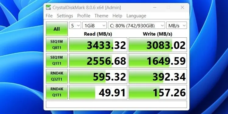 Giao diện và kết quả kiểm tra tốc độ SSD bằng CrystalDiskMark trên Windows