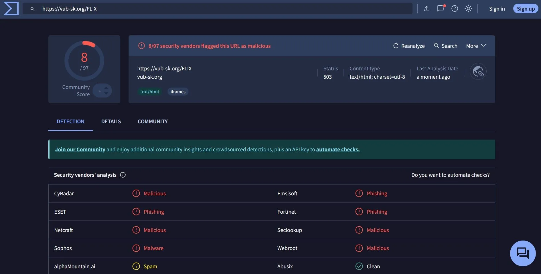 Giao diện VirusTotal hiển thị kết quả quét một liên kết độc hại có liên quan đến lừa đảo phishing Netflix, với nhiều nhà cung cấp bảo mật đánh dấu là nguy hiểm.