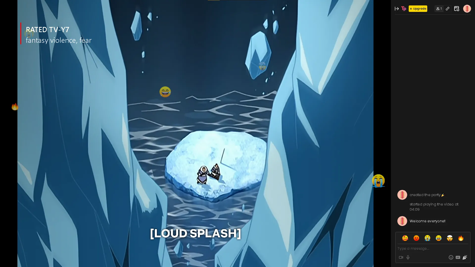 Giao diện watch party trên Teleparty với khung chat và biểu tượng cảm xúc, xem phim Avatar: The Last Airbender