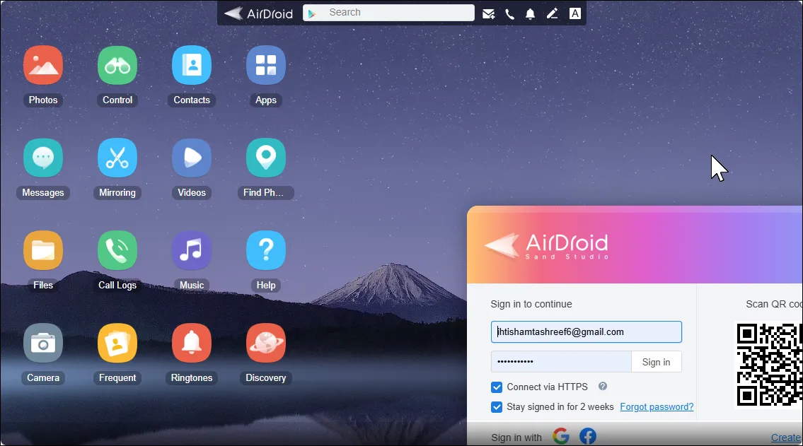 Giao diện web của AirDroid cho phép quản lý điện thoại từ máy tính
