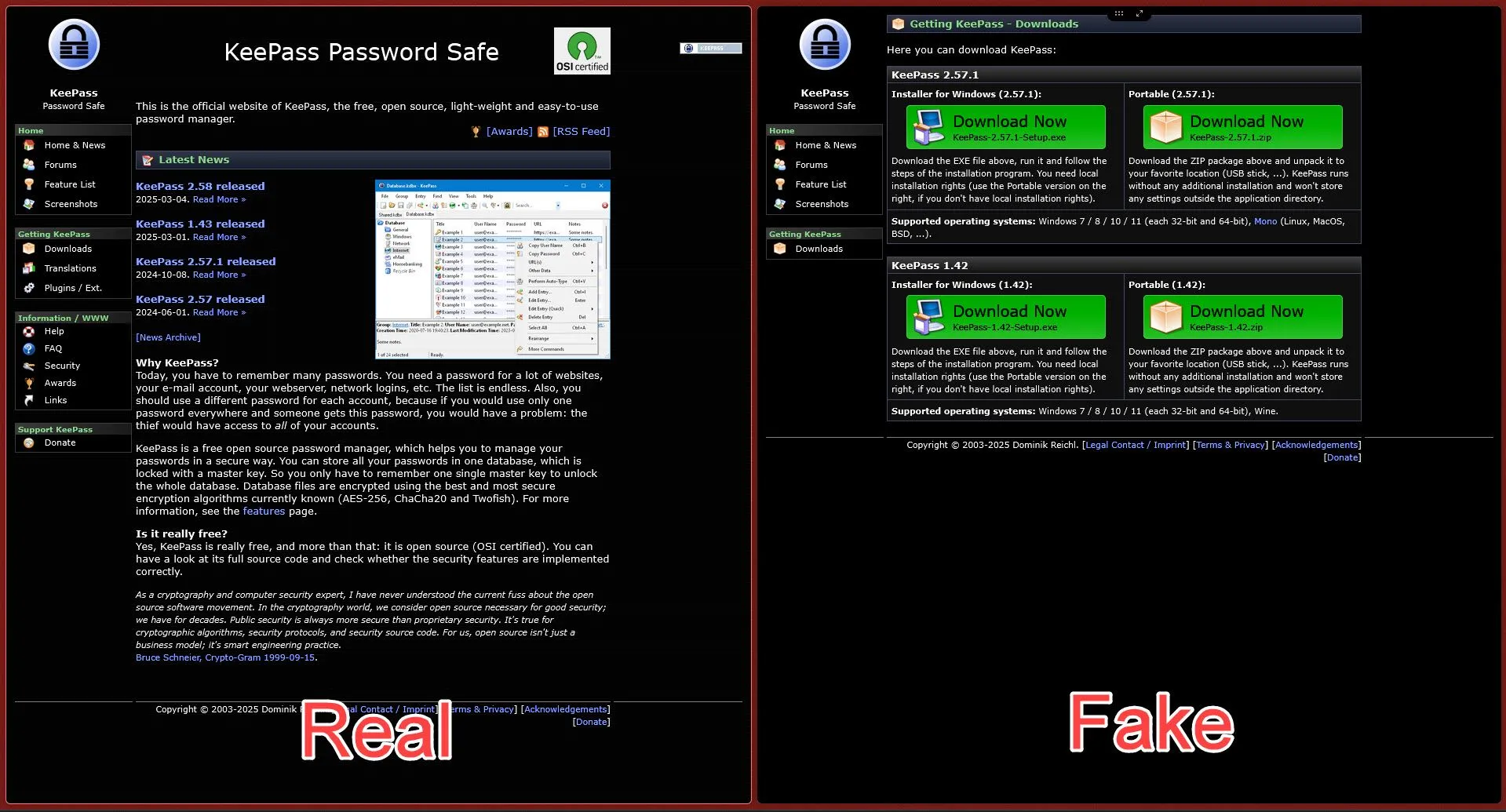 Giao diện website chính thức KeePass.info và website KeePass giả mạo sử dụng tên miền lừa đảo