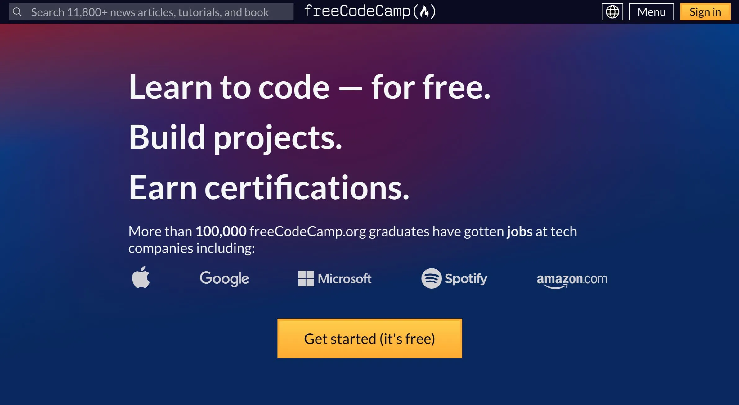 Giao diện website freeCodeCamp chuyên dạy lập trình miễn phí