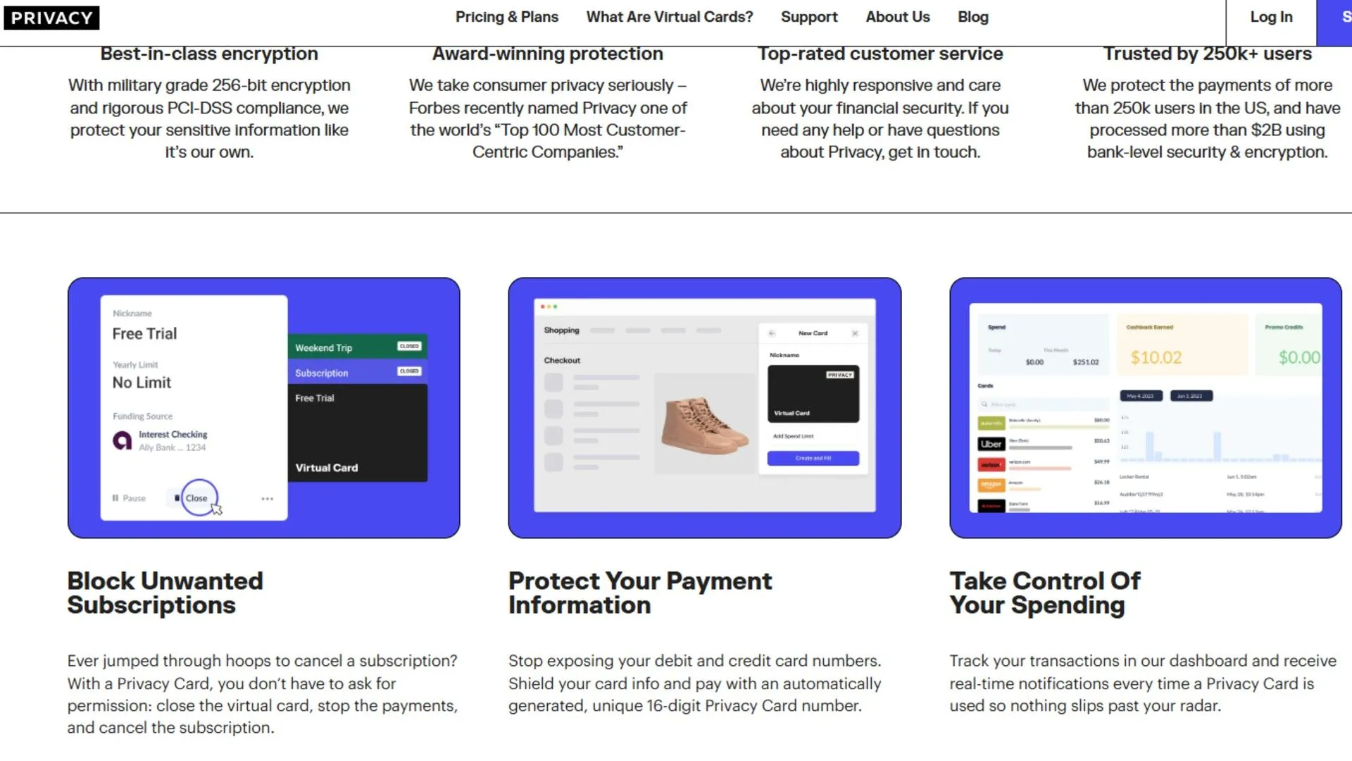 Giao diện website Privacy.com giải thích lợi ích của thẻ ảo dùng một lần.