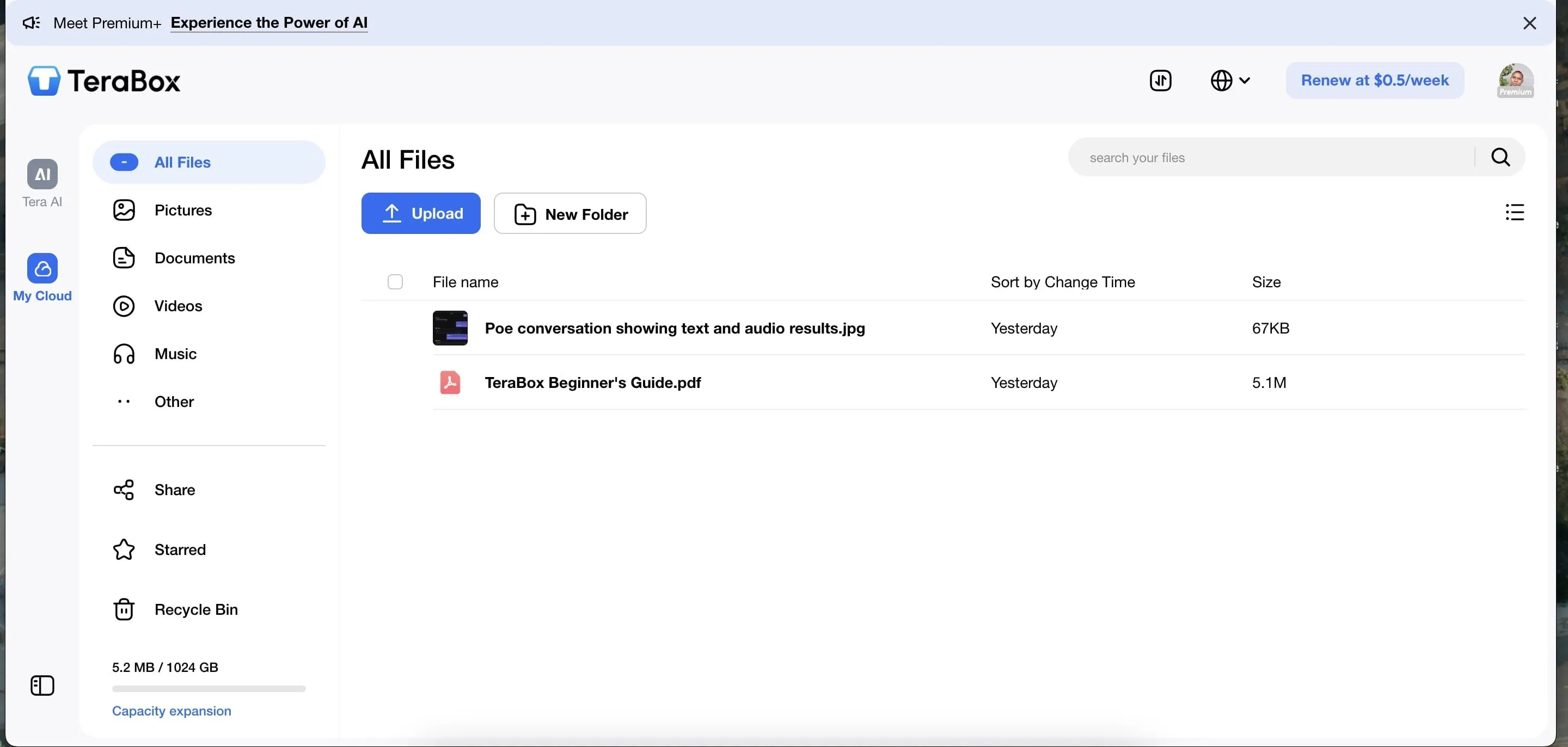 Giao diện website TeraBox trên máy tính, hiển thị dung lượng và các tùy chọn tải lên file.