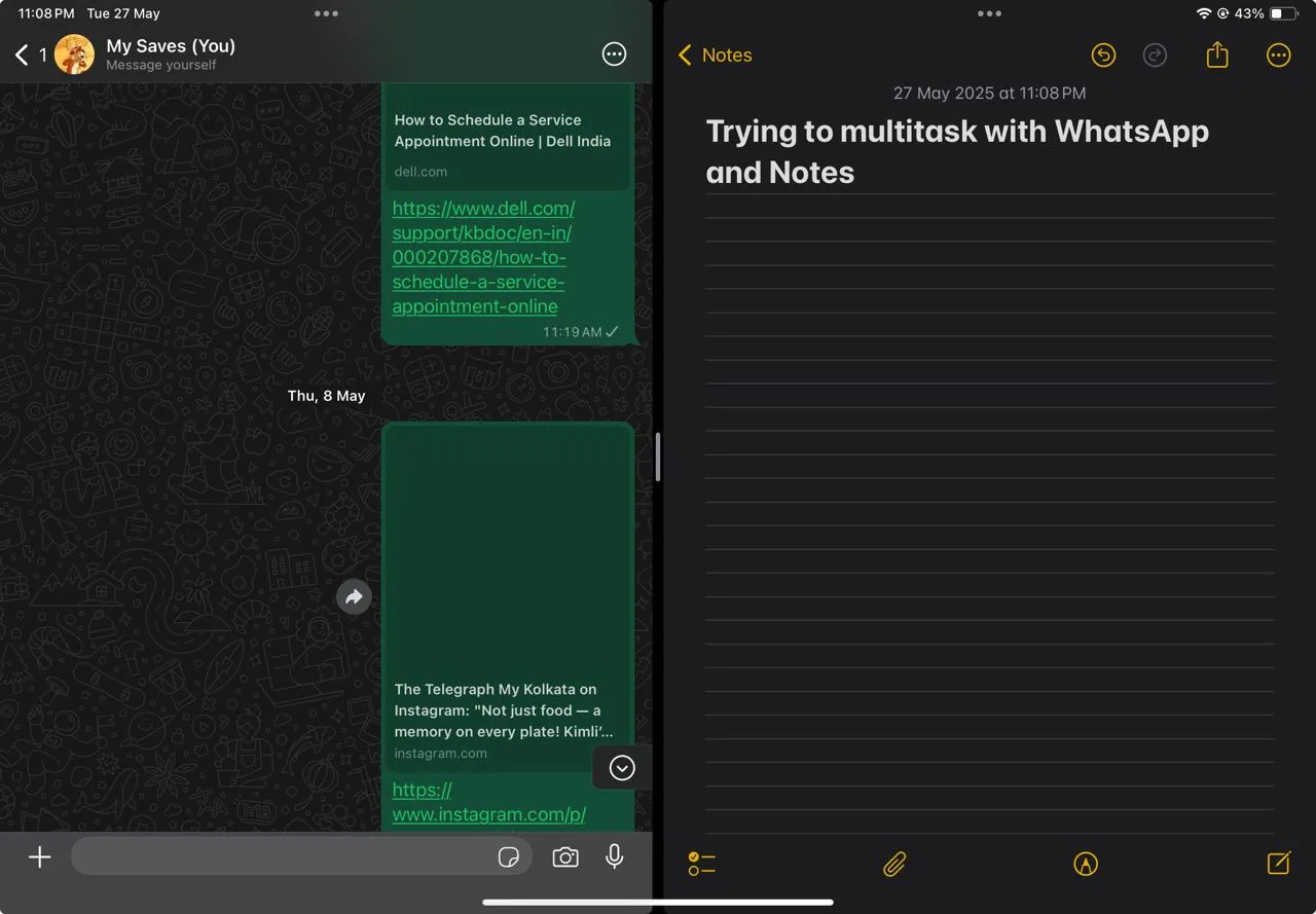 Giao diện WhatsApp trên iPad với tính năng Split View