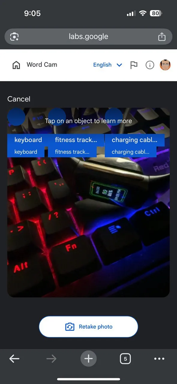 Giao diện Word Cam của Google Little Language Lessons, cho phép nhận diện vật thể và xây dựng từ vựng tiếng Anh trực quan.