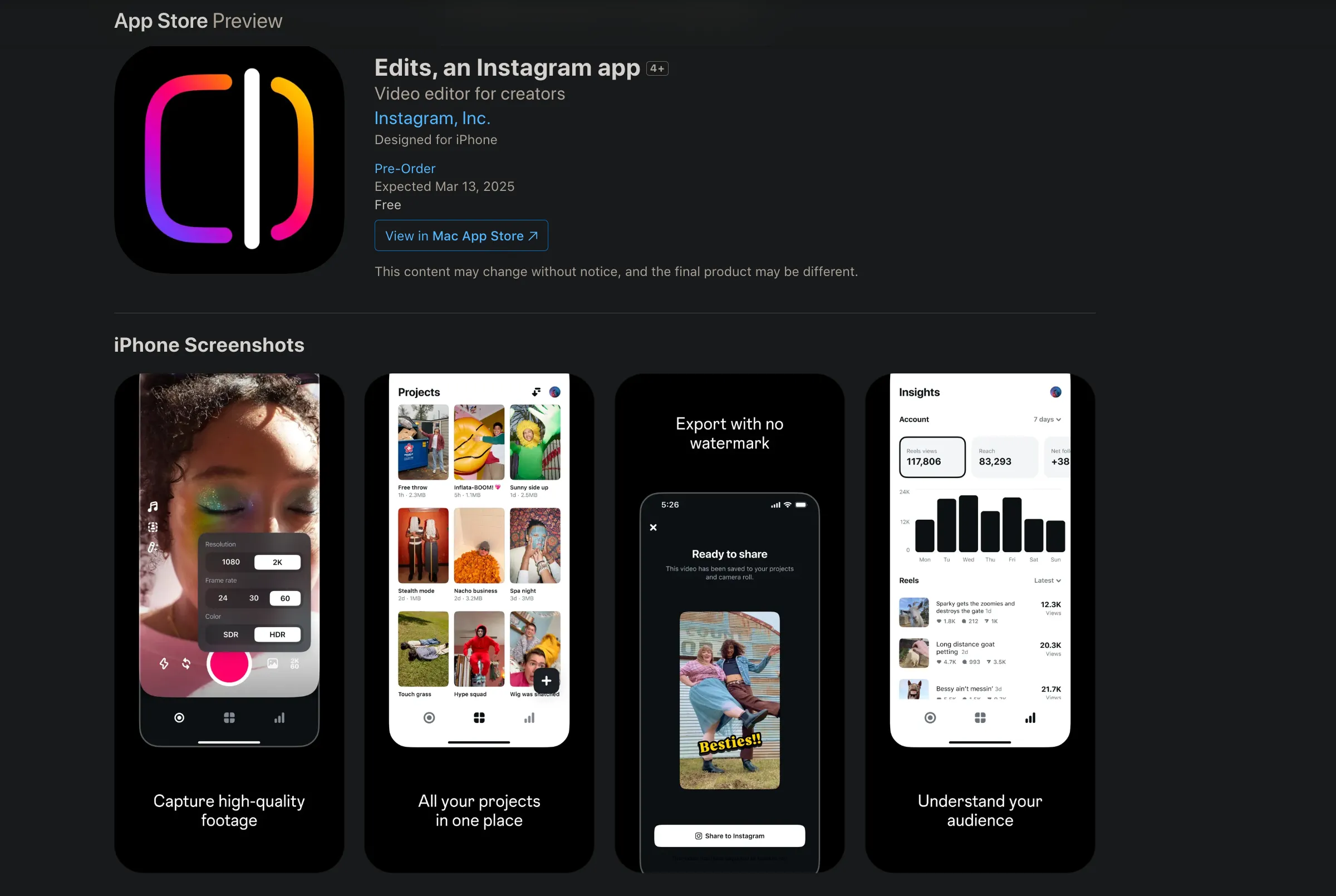 Giao diện xem trước của ứng dụng Edits trên App Store cho thấy các tính năng chỉnh sửa video và quản lý nội dung