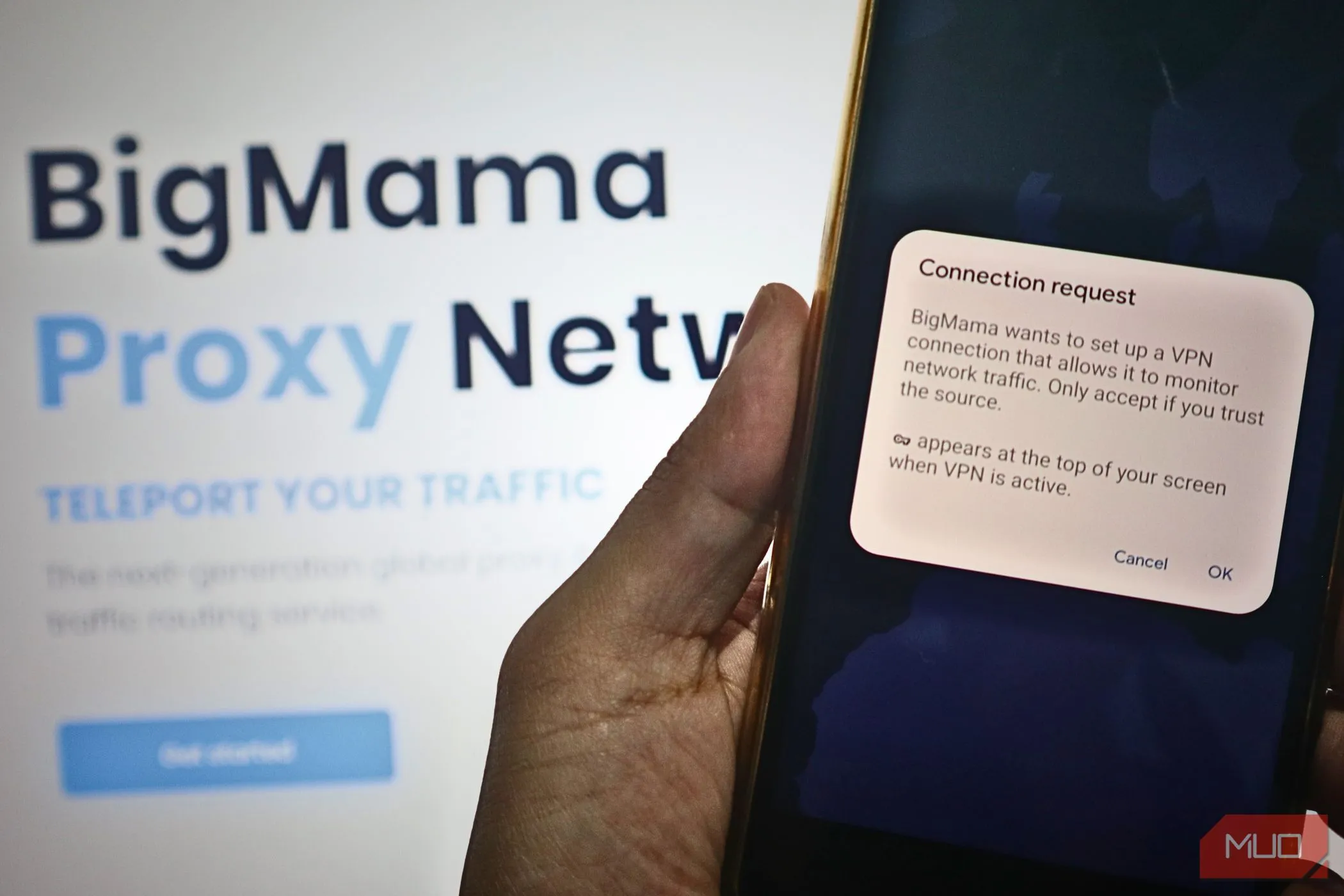 Giao diện yêu cầu kết nối của ứng dụng VPN miễn phí BigMama, minh họa rủi ro tiềm ẩn khi sử dụng các dịch vụ VPN không trả phí và sự phụ thuộc vào nhà cung cấp.