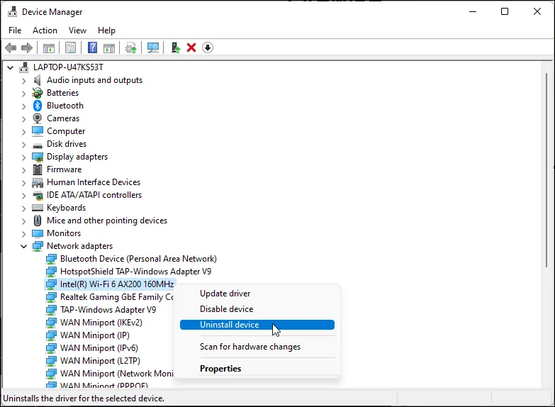 Gỡ cài đặt thiết bị Wi-Fi trong Device Manager Windows 11