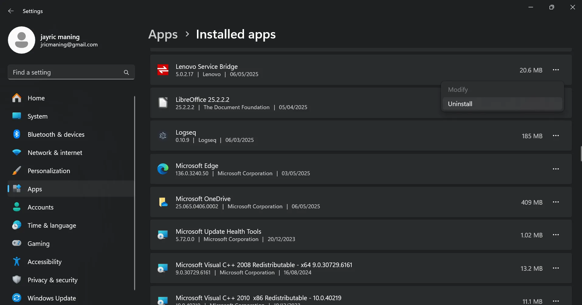Gỡ cài đặt ứng dụng thủ công qua phần Cài đặt ứng dụng trên Windows 11 để loại bỏ phần mềm rác