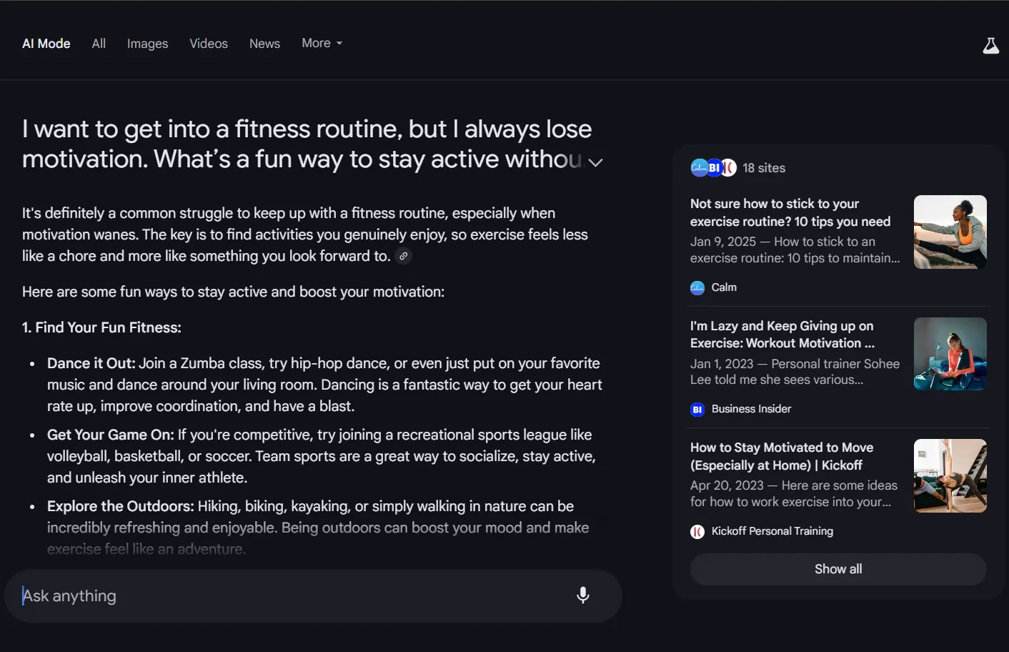 Google AI Mode đưa ra lời khuyên cá nhân