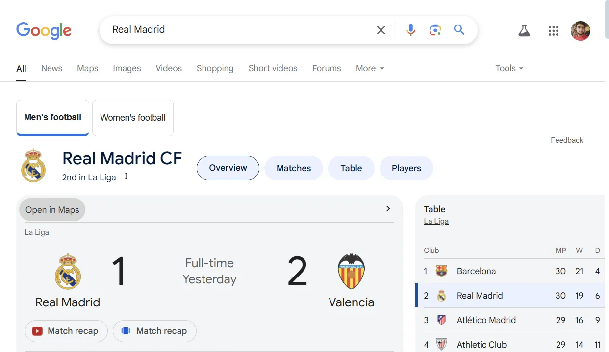 Google hiển thị widget kết quả trận đấu thể thao trực tiếp khi tìm kiếm tên đội bóng