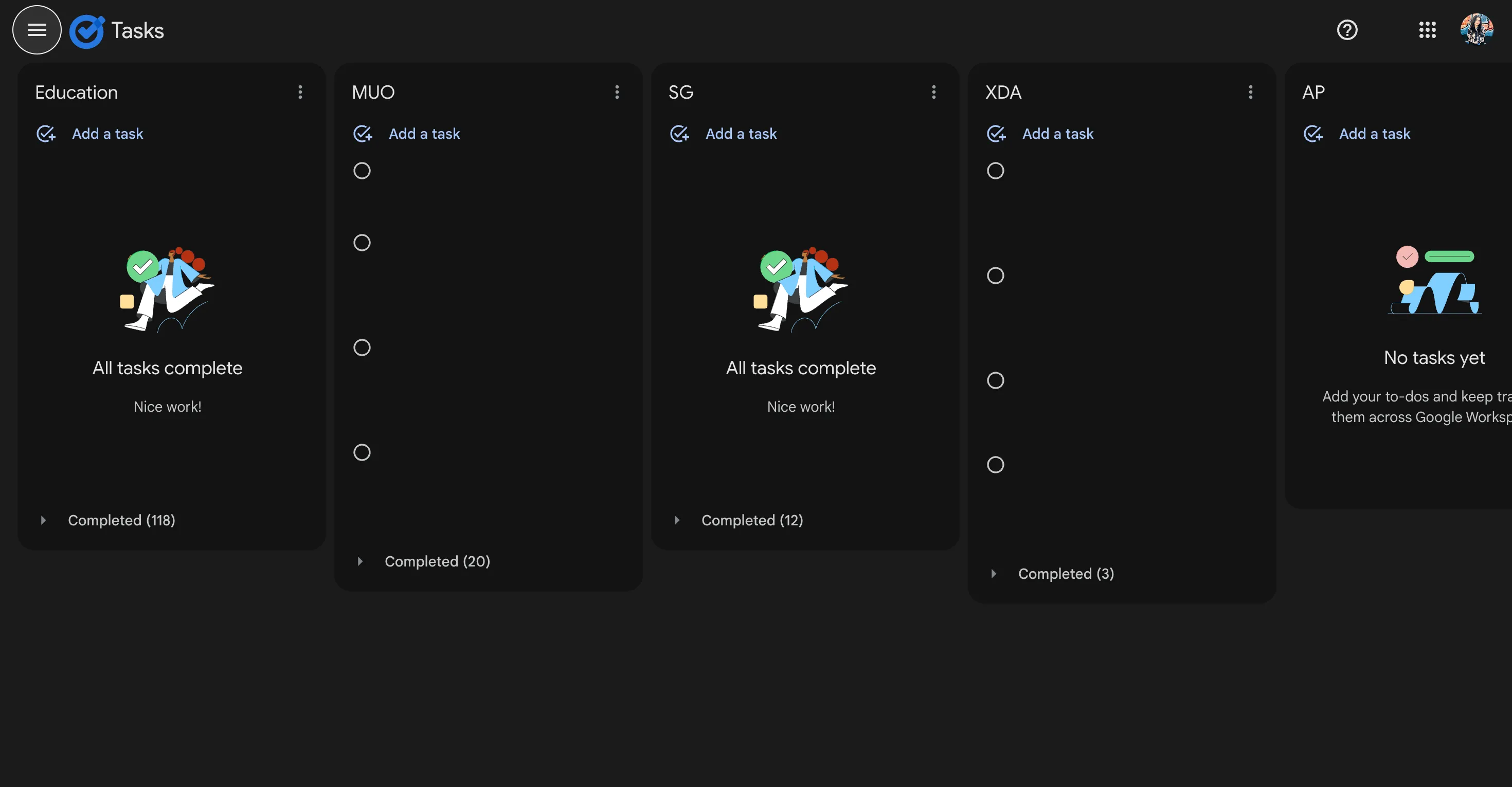 Google Tasks hiển thị các danh sách công việc riêng biệt được tổ chức gọn gàng