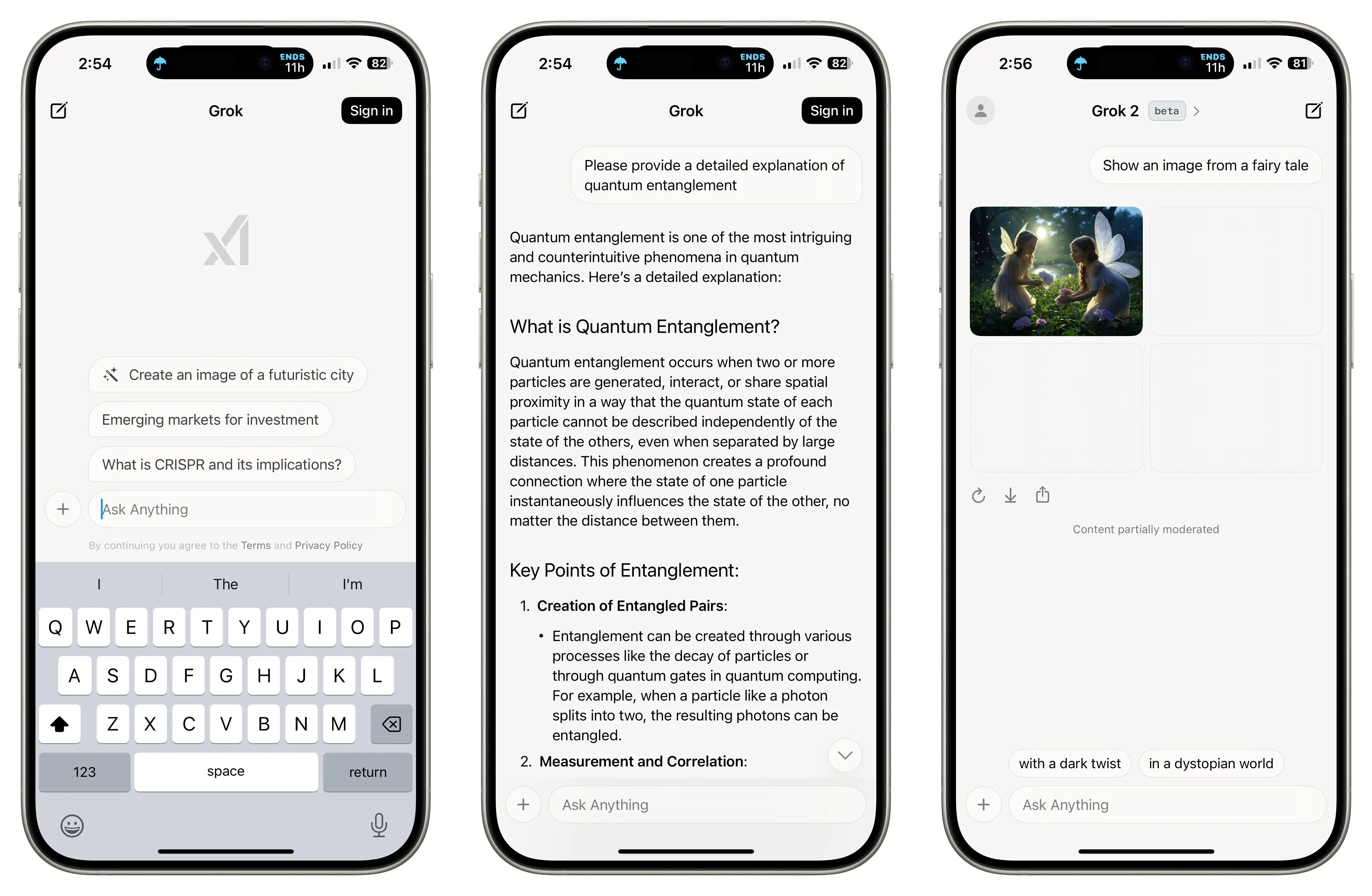 Grok AI trên iPhone hiển thị giao diện chat và thẻ thông tin