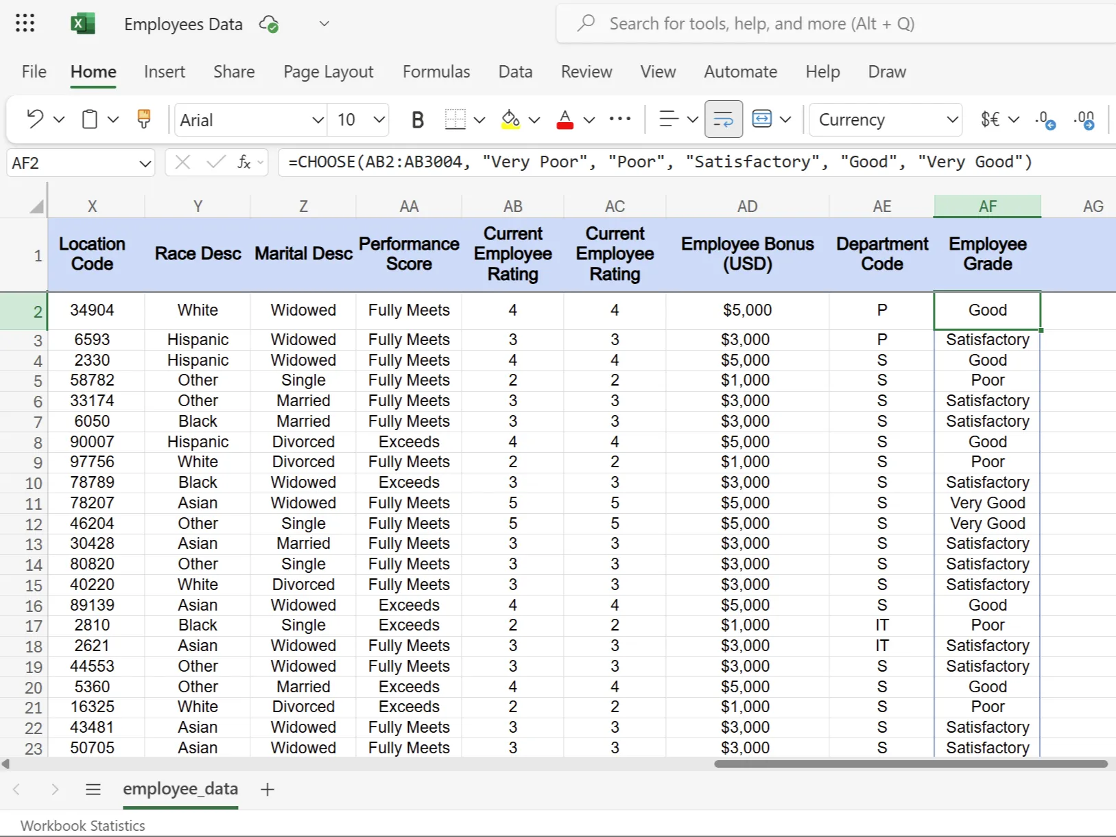 Hàm CHOOSE trong Excel hiển thị điểm đánh giá hiệu suất của nhân viên