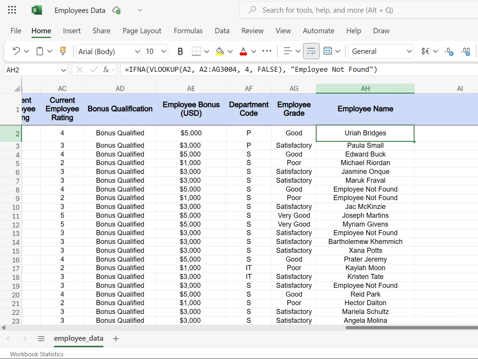 Hàm IFNA trong Excel hiển thị thông báo không tìm thấy nhân viên trong danh sách