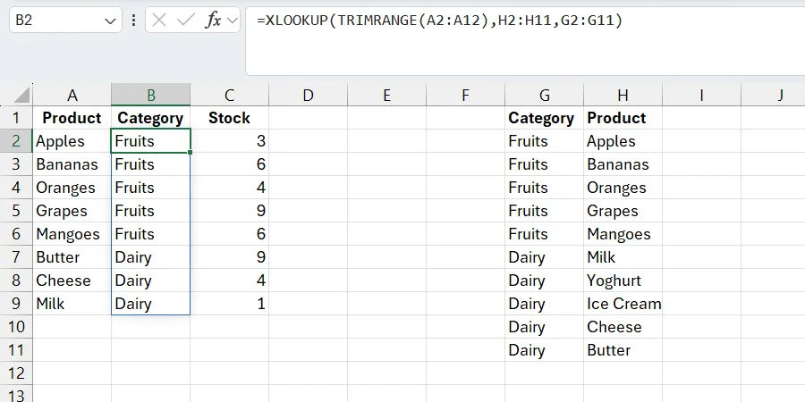 Hàm XLOOKUP trong Excel hoạt động chính xác sau khi phạm vi tìm kiếm được làm sạch bằng hàm TRIMRANGE, loại bỏ lỗi #N/A