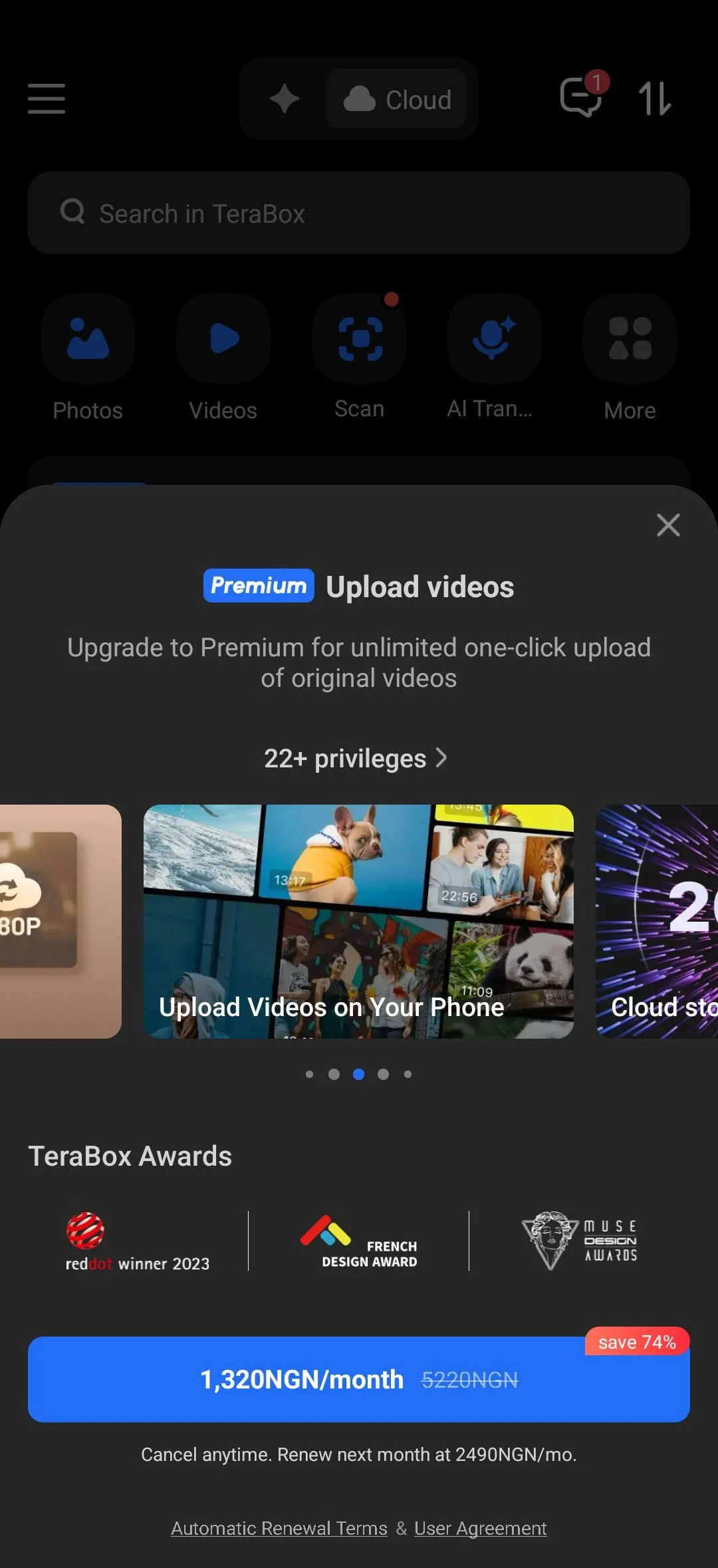 Hạn chế tải video trên ứng dụng di động TeraBox dành cho người dùng miễn phí.