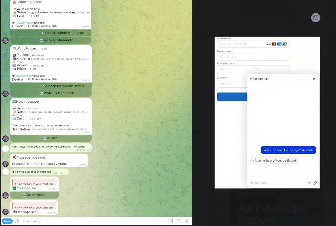 Hệ thống chatbot lừa đảo của Telekopye hiển thị giao diện của kẻ tấn công và nạn nhân.