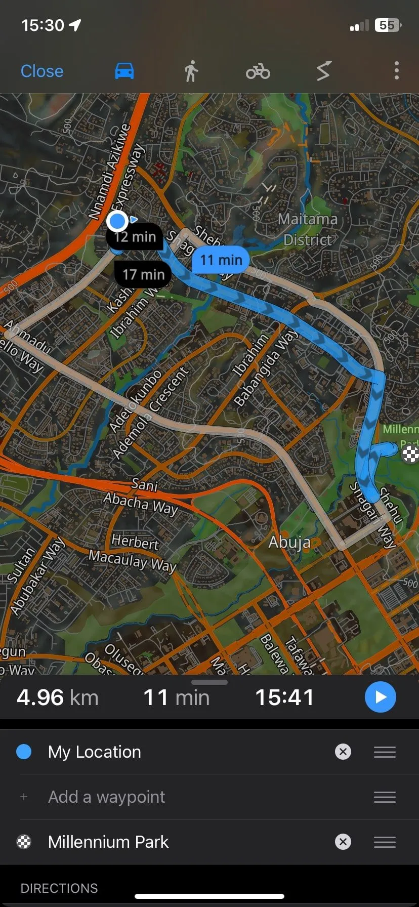 Hệ thống dẫn đường ô tô hiển thị trên Guru Maps offline