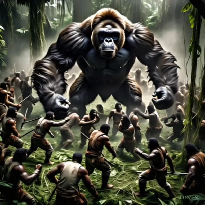 Hình ảnh 100 người đàn ông cầm giáo sẵn sàng chiến đấu với một con gorilla khổng lồ