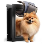 Hình ảnh AI minh họa một chú chó đi qua cửa dành cho thú cưng, ví dụ về ảnh sản phẩm giả mạo trên sàn thương mại điện tử.