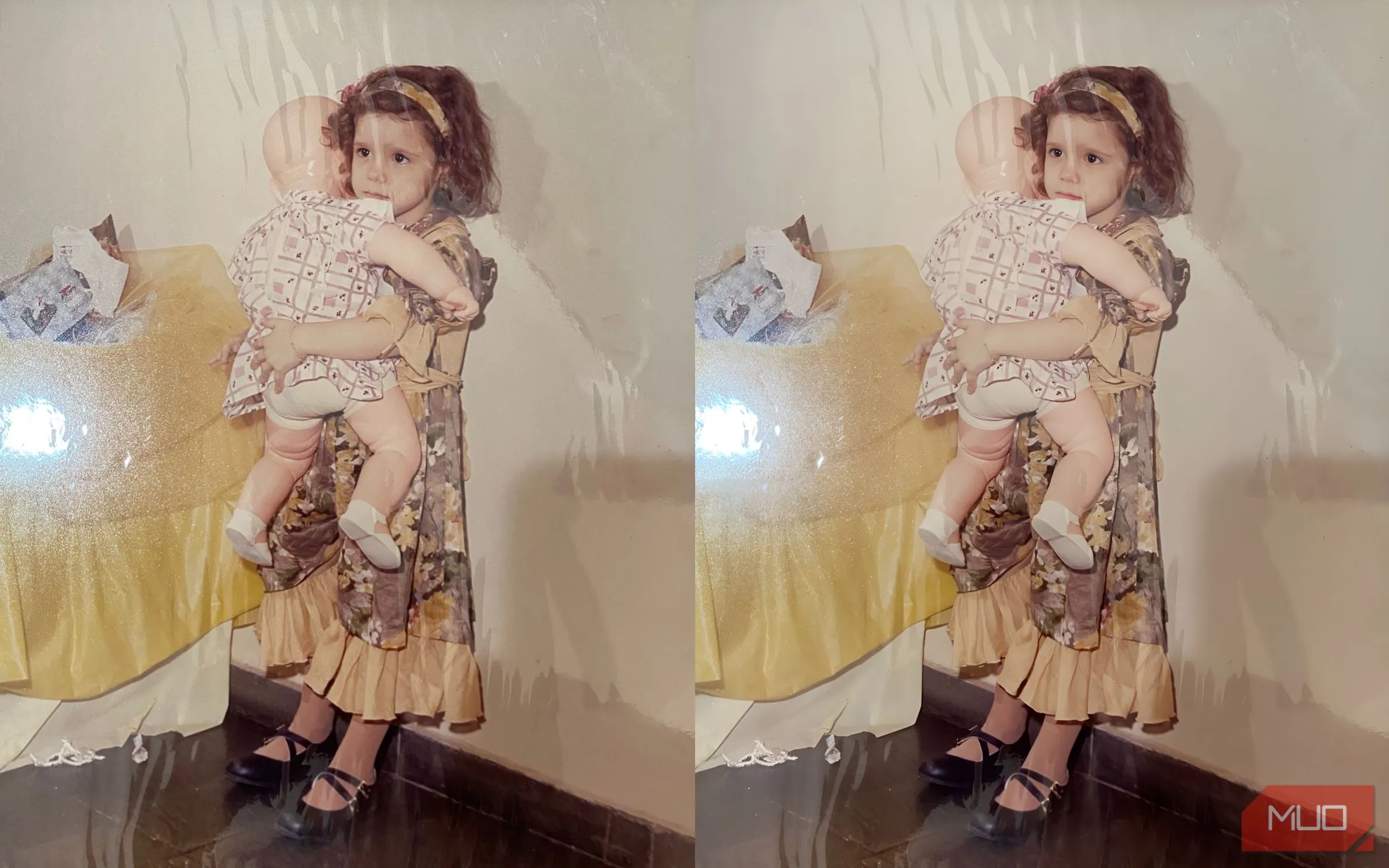 Hình ảnh bé gái và búp bê trước và sau khi AI Picsart phục hồi, làm mịn khuôn mặt