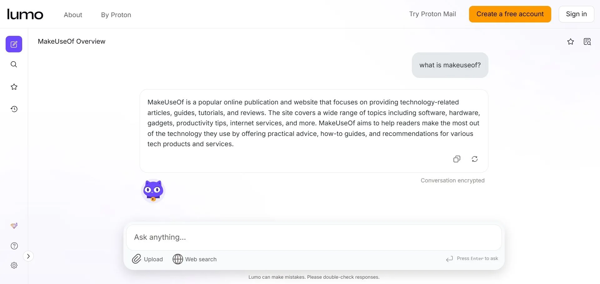 Hình ảnh chatbot Proton Lumo AI nhấn mạnh quyền riêng tư và các tính năng cốt lõi