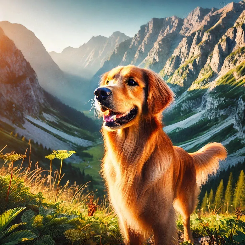 Hình ảnh chó Golden Retriever trong núi non được DALL-E tạo ra, chưa đạt độ chân thực cao