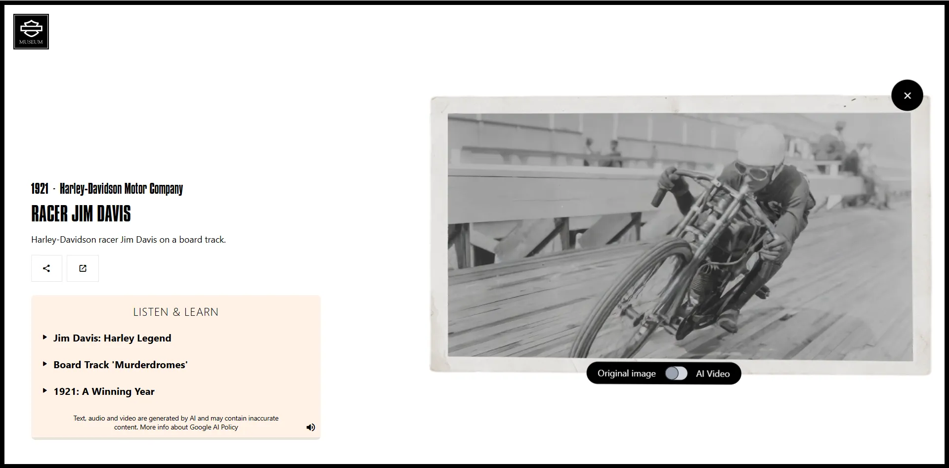 Hình ảnh demo dự án Moving Archives của Google Arts & Culture và Bảo tàng Harley-Davidson, minh họa AI làm sống động các tư liệu lịch sử
