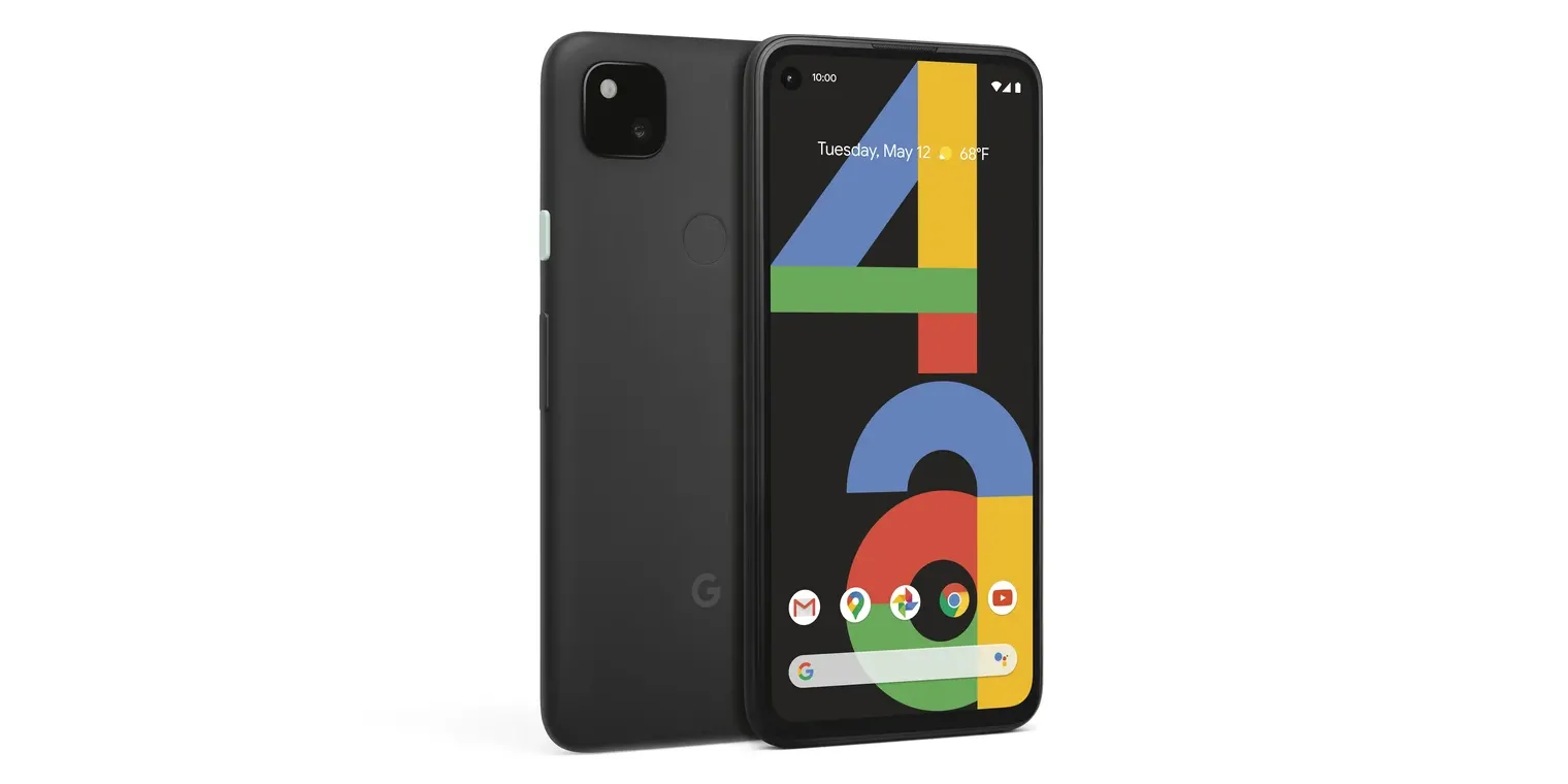 Hình ảnh điện thoại Google Pixel 4a với mặt trước và mặt sau, minh họa thiết kế sản phẩm.