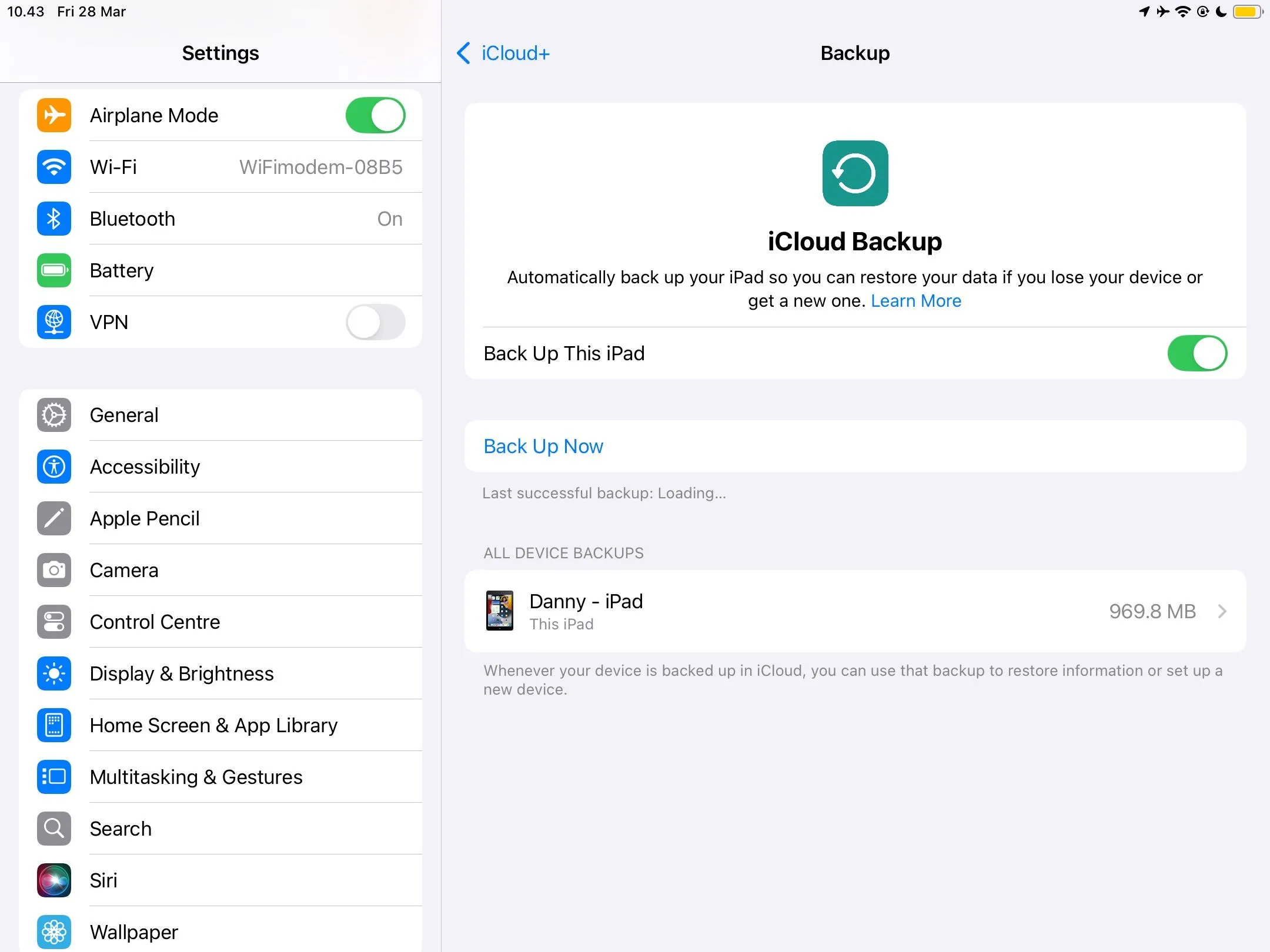 Hình ảnh giao diện cài đặt sao lưu iCloud trên iPad, minh họa tùy chọn sao lưu dữ liệu thiết bị Apple lên đám mây.