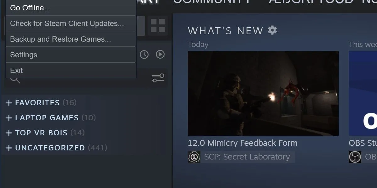 Hình ảnh giao diện Steam, minh họa tùy chọn "Go Offline" (Chế độ ngoại tuyến) để giảm tiêu thụ tài nguyên.
