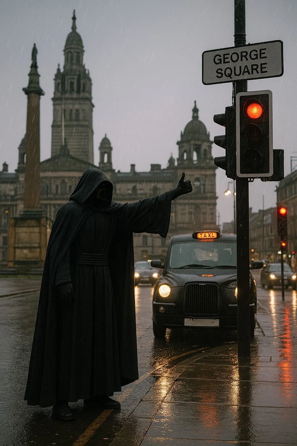 Hình ảnh giống Chúa Sith gọi taxi tại George Square, Glasgow, tạo bởi ChatGPT 4o