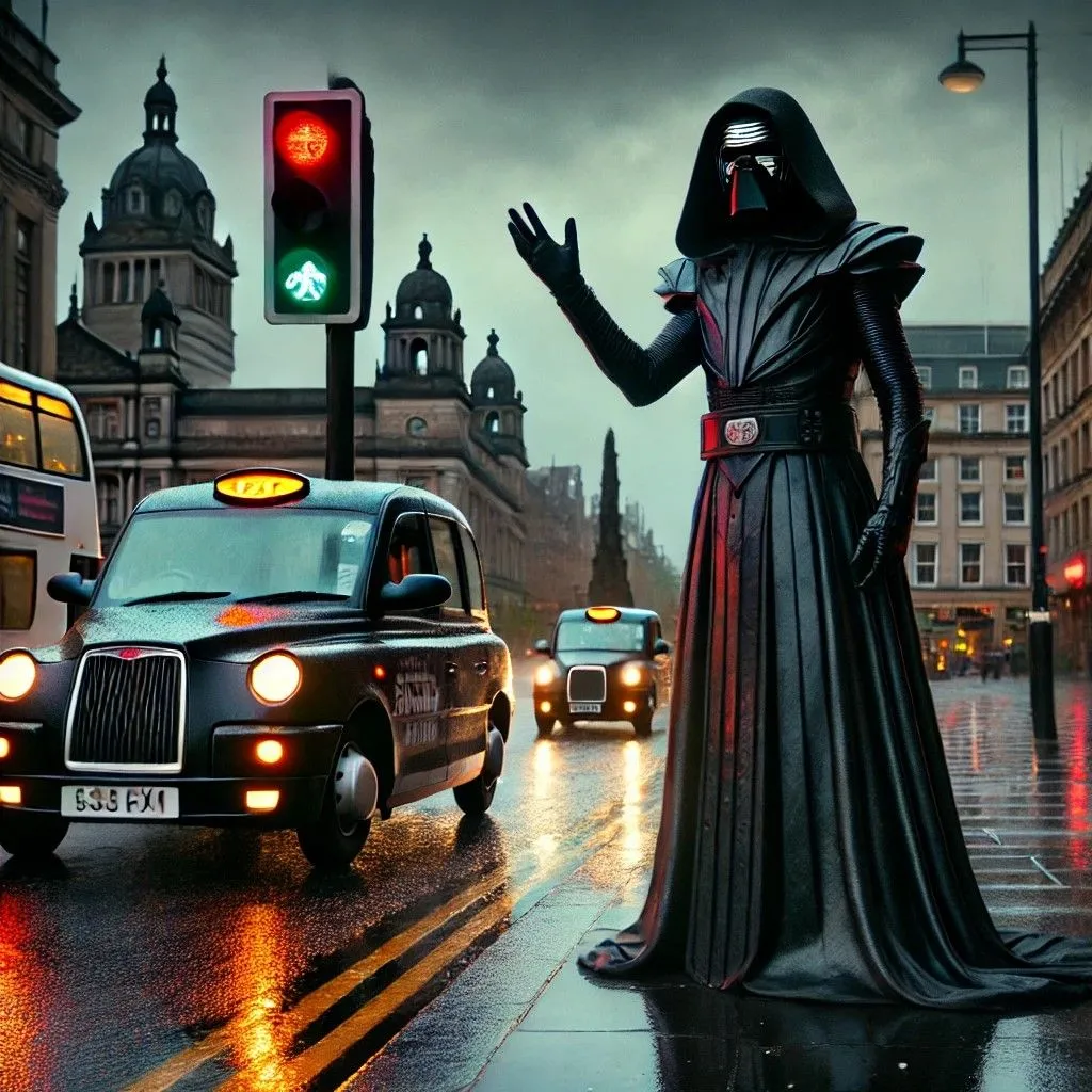 Hình ảnh giống Chúa Sith gọi taxi tại George Square, Glasgow, tạo bởi DALL-E