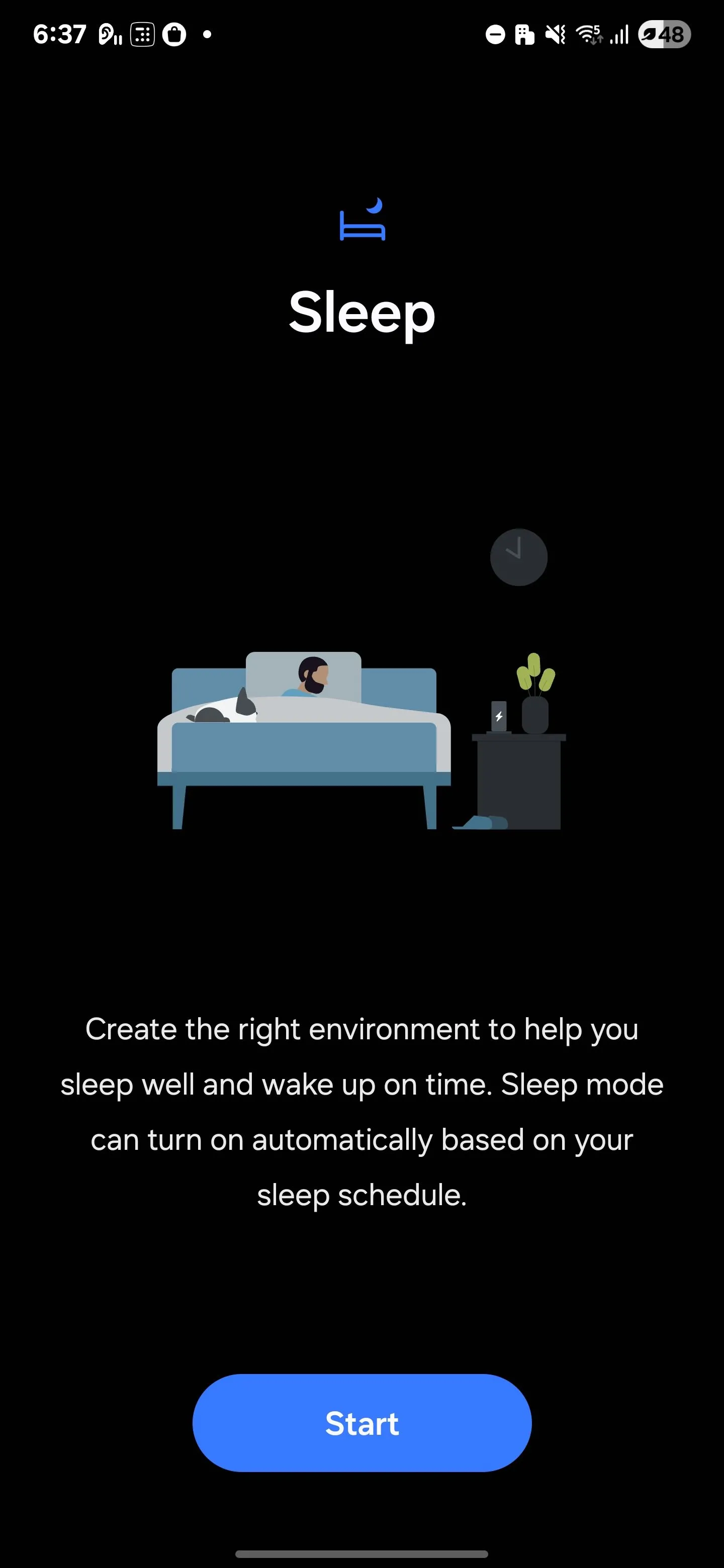 Hình ảnh kích hoạt Chế độ Giờ đi ngủ (Bedtime Mode) trên điện thoại Samsung, chuyển màn hình sang tông màu xám và tắt thông báo.