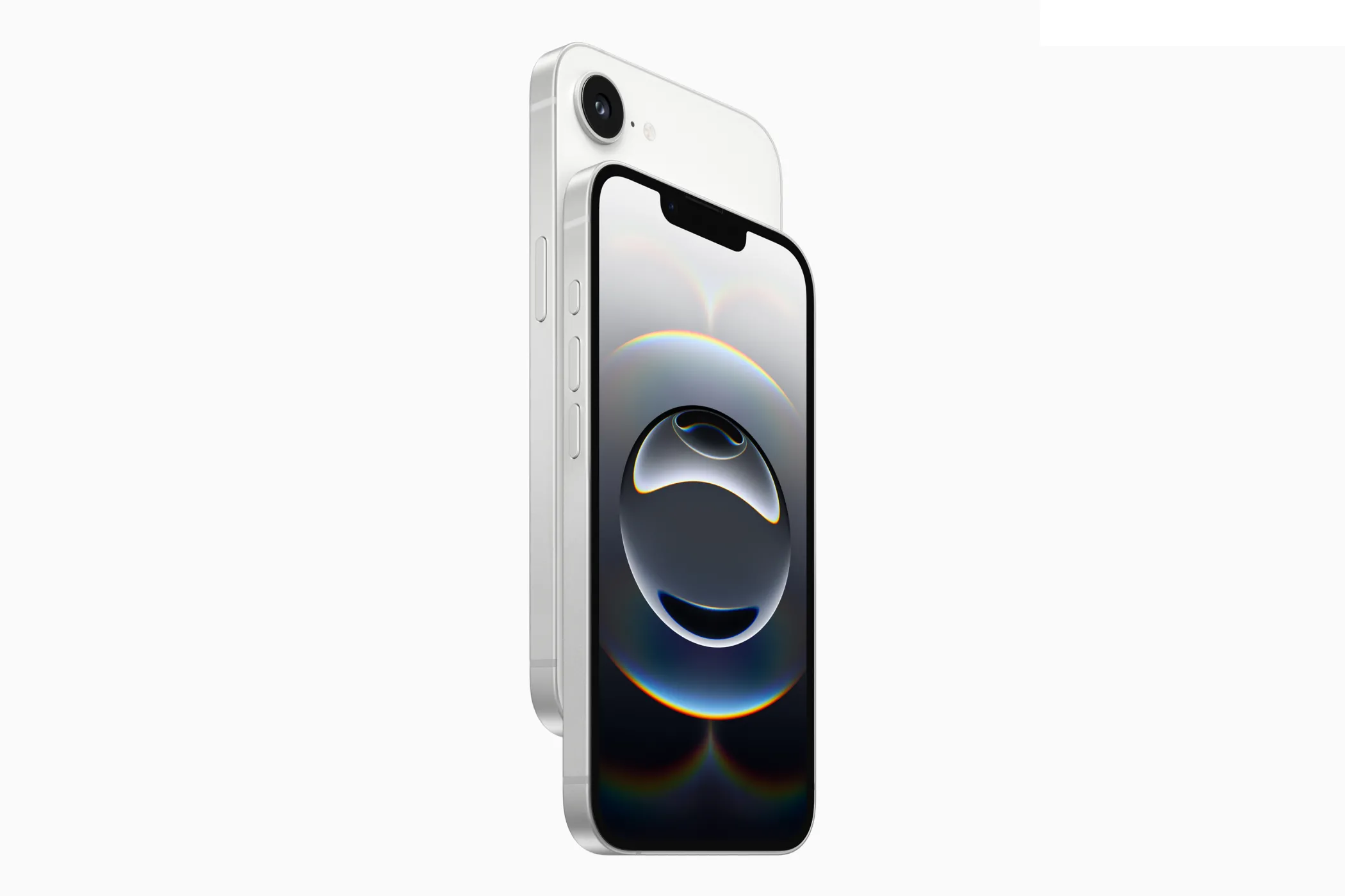 Hình ảnh mặt trước iPhone 16e màu trắng với thiết kế tai thỏ truyền thống, khác biệt so với Dynamic Island.