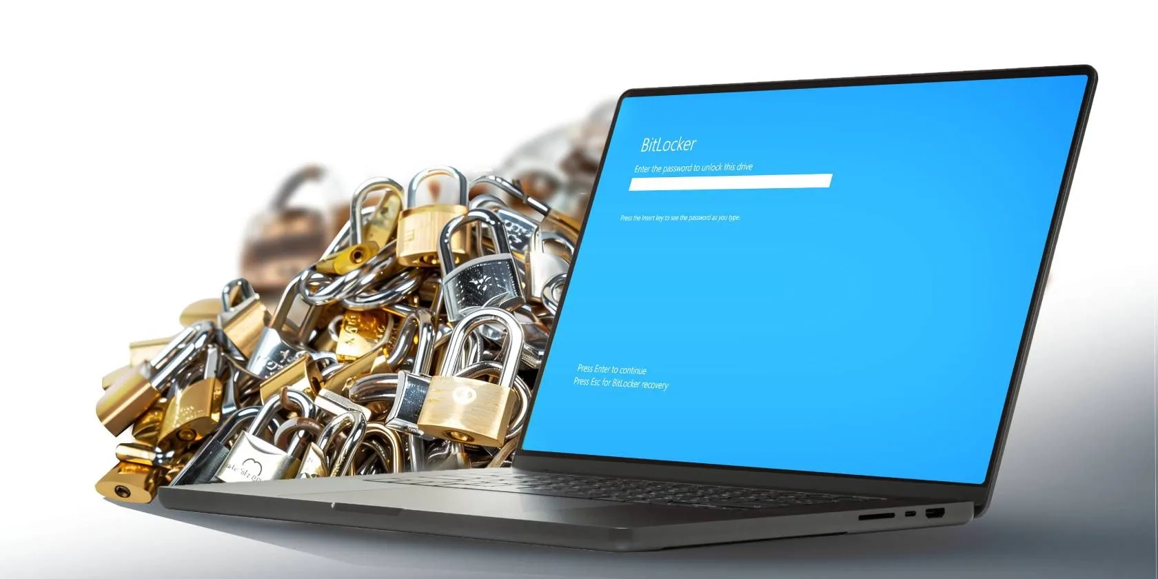 Hình ảnh máy tính xách tay hiển thị giao diện nhập mật khẩu BitLocker với ổ khóa kim loại, tượng trưng cho khả năng mã hóa và bảo mật dữ liệu mạnh mẽ của BitLocker trên Windows.