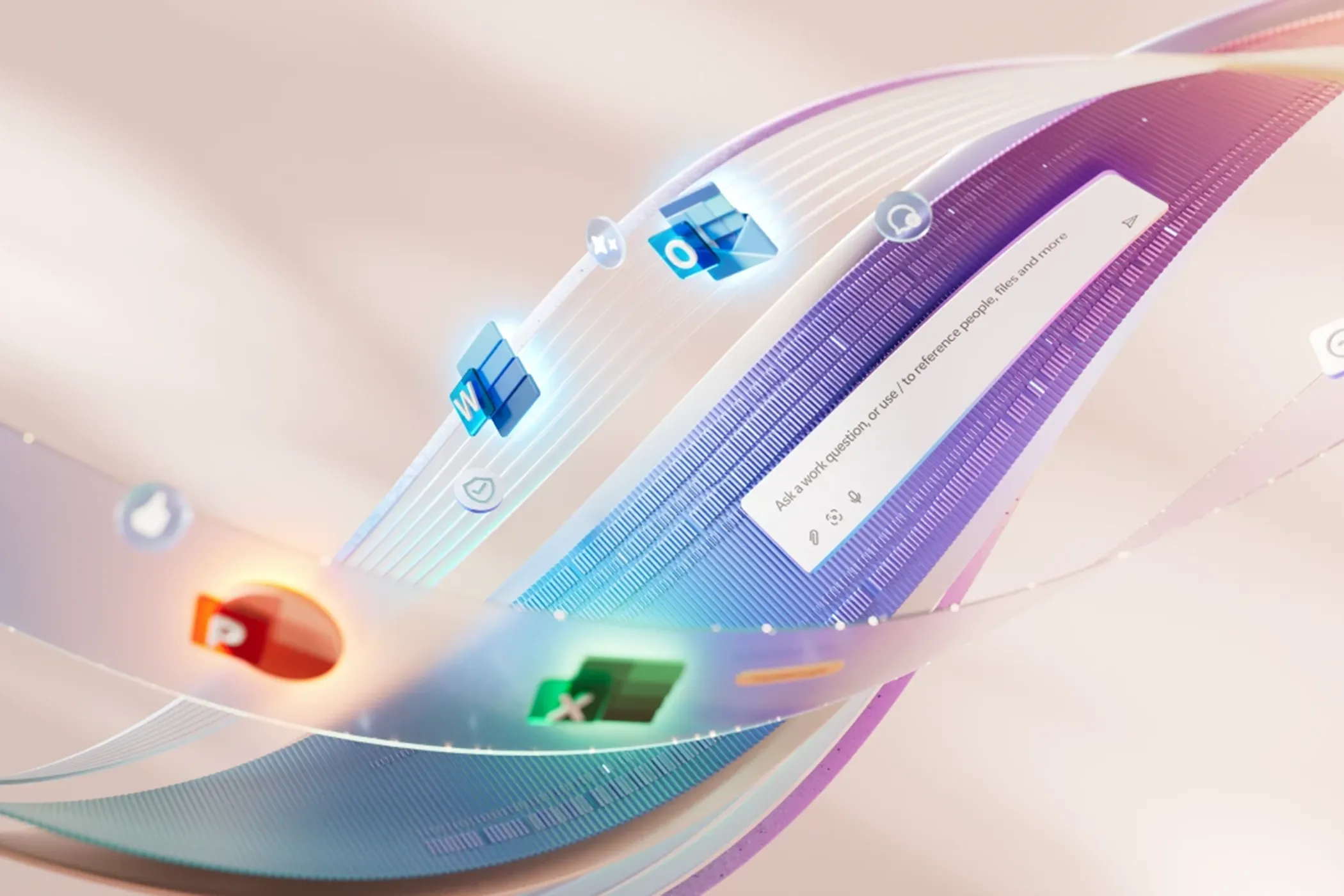Hình ảnh minh họa các ứng dụng Microsoft 365 trong không gian số kèm cửa sổ Copilot