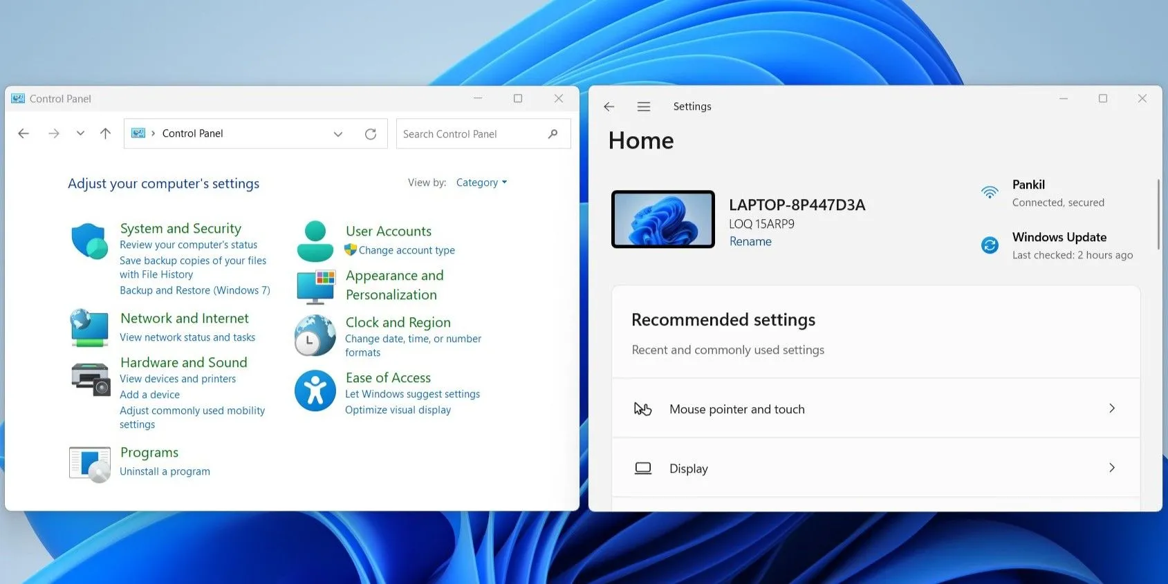 Hình ảnh minh họa Control Panel và ứng dụng Settings của Windows 11 đặt cạnh nhau