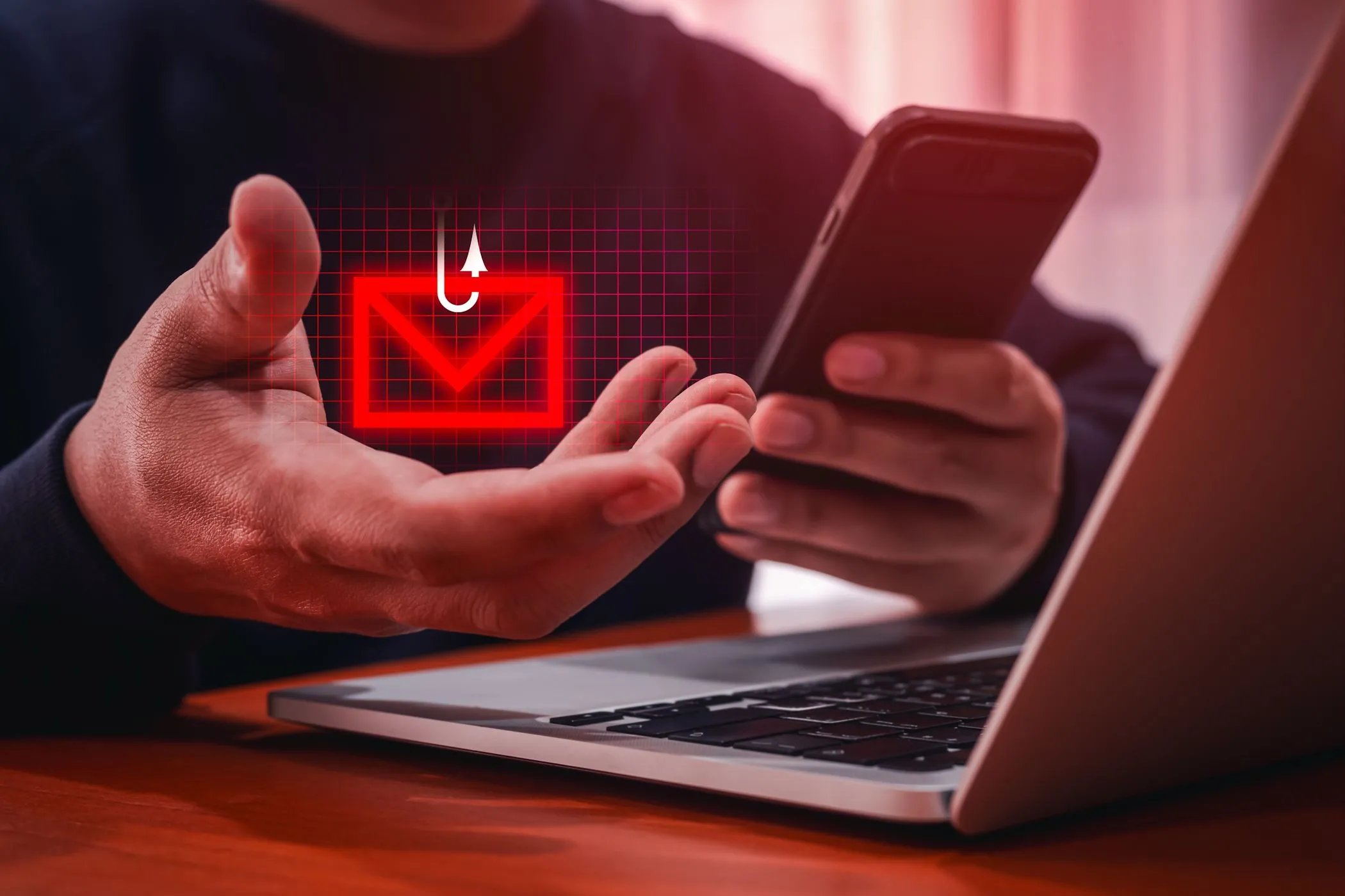 Hình ảnh minh họa cuộc tấn công lừa đảo smishing qua tin nhắn SMS, biểu tượng phong bì cạnh laptop biểu thị tin nhắn lừa đảo.
