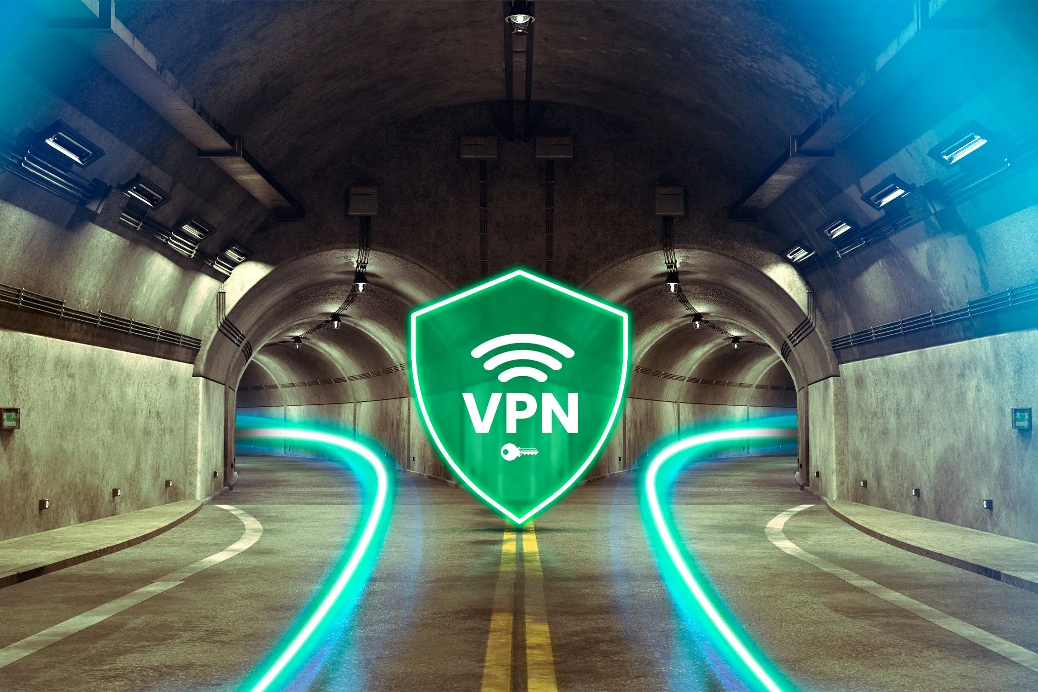 Hình ảnh minh họa đường hầm phân nhánh thành hai lối đi, kèm biểu tượng VPN