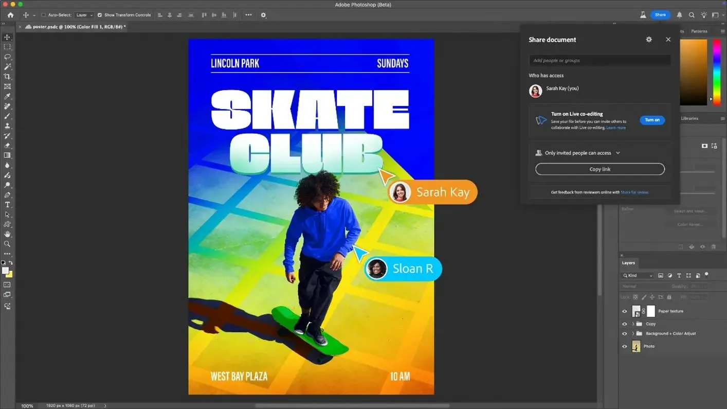 Hình ảnh minh họa tính năng cộng tác trực tiếp Live Co-Editing trong Adobe Photoshop với các icon người dùng đang chỉnh sửa đồng thời.