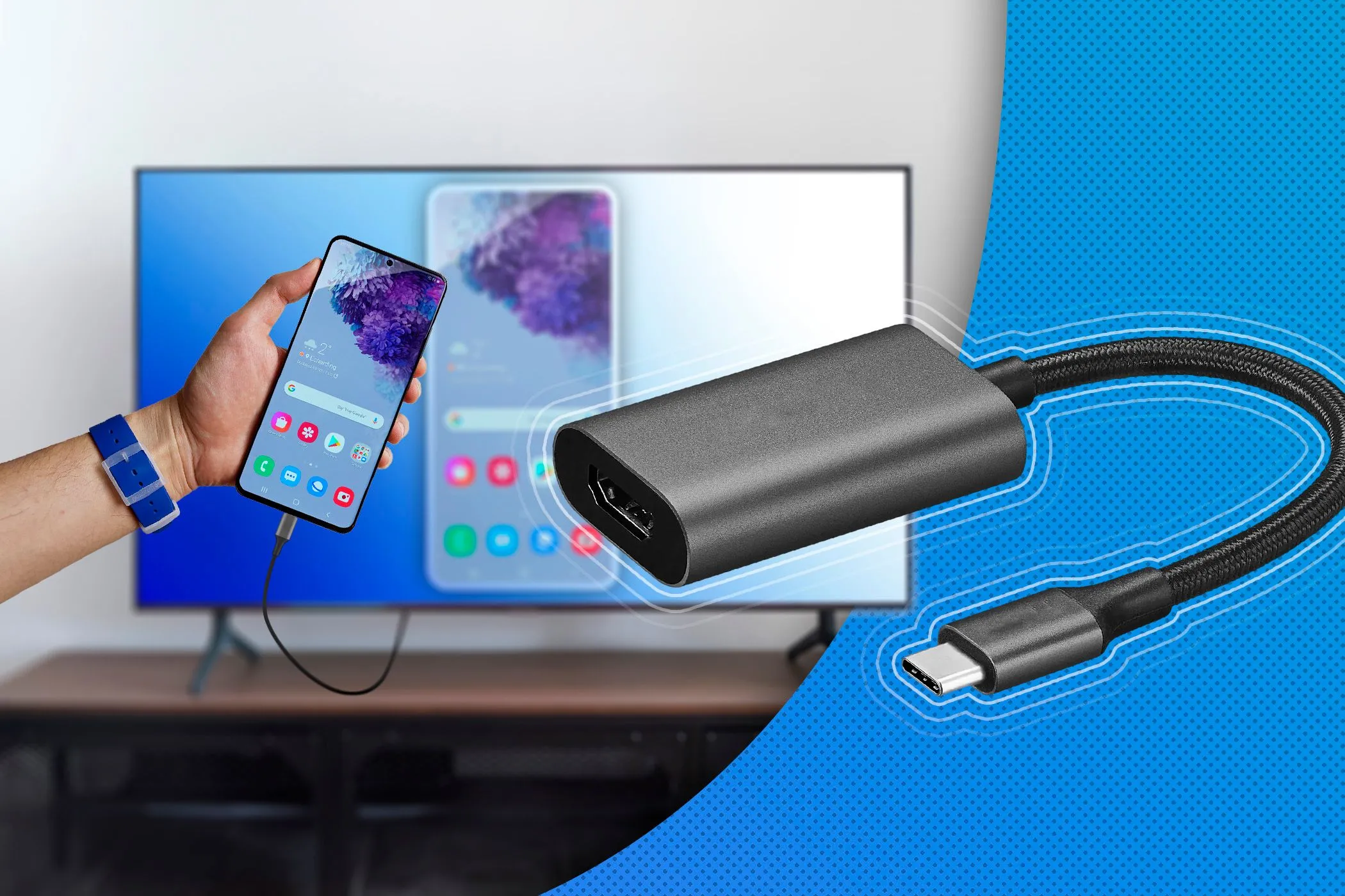 Hình ảnh một người đang cầm điện thoại kết nối với màn hình thông qua adapter USB-C sang HDMI, minh họa việc chiếu màn hình điện thoại lên màn hình lớn.