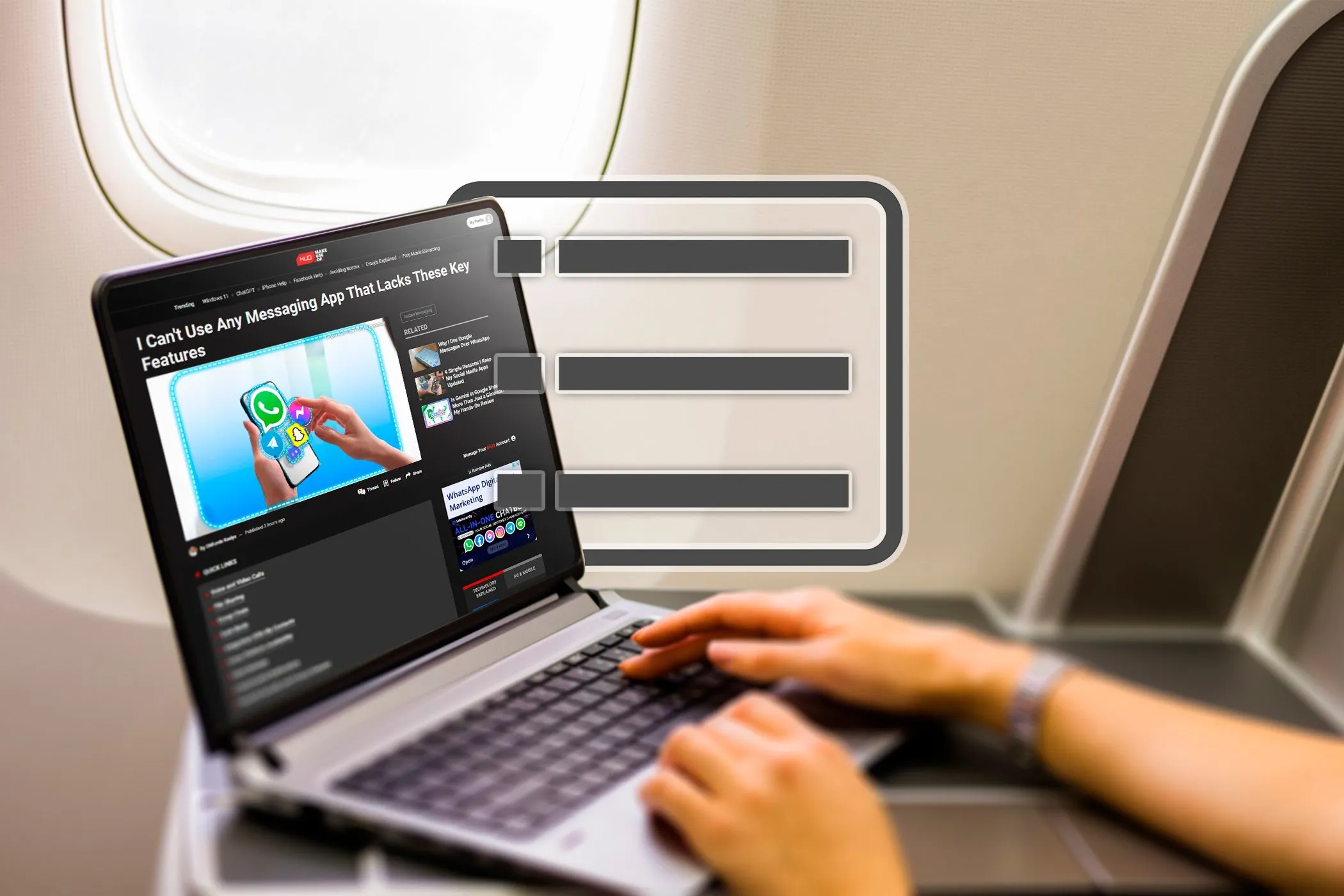 Hình ảnh một người đang dùng laptop trên máy bay, minh họa cho tính năng Danh sách Đọc của Chrome.