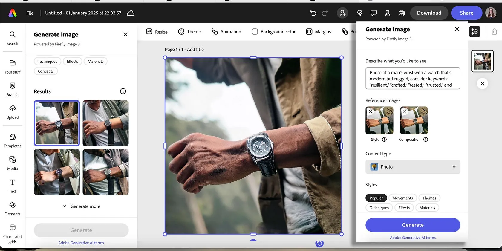 Hình ảnh phong cách sống với đồng hồ đeo tay được tạo bởi Adobe Firefly, thể hiện bối cảnh sử dụng sản phẩm