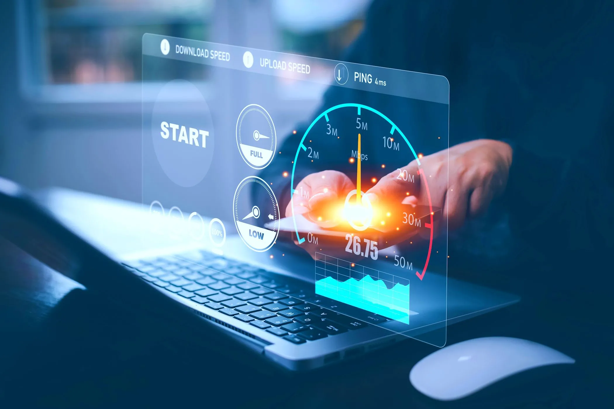Hình ảnh thể hiện kết quả kiểm tra tốc độ internet trên máy tính xách tay, minh họa sự biến động của kết nối 5G