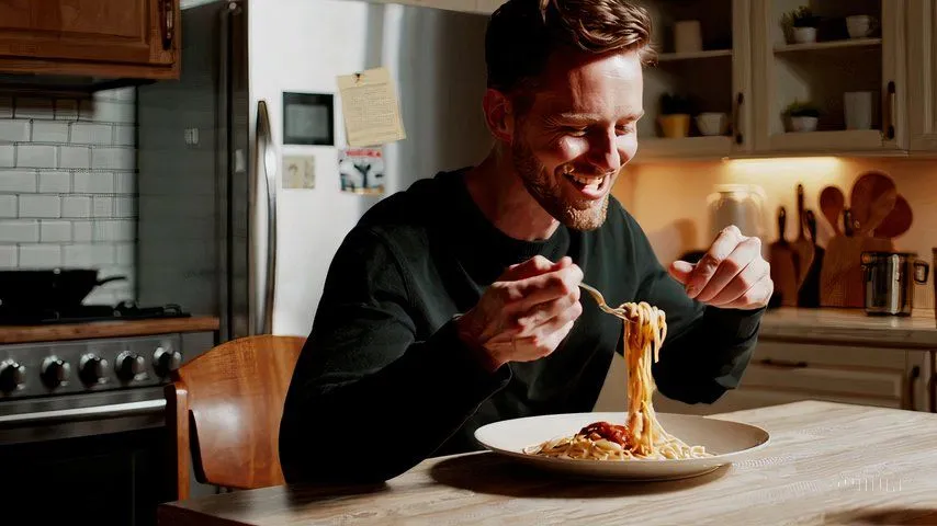 Hình ảnh tĩnh từ video Sora AI thể hiện một người đàn ông ăn mì spaghetti, minh họa khả năng tạo hành động cơ bản còn hạn chế