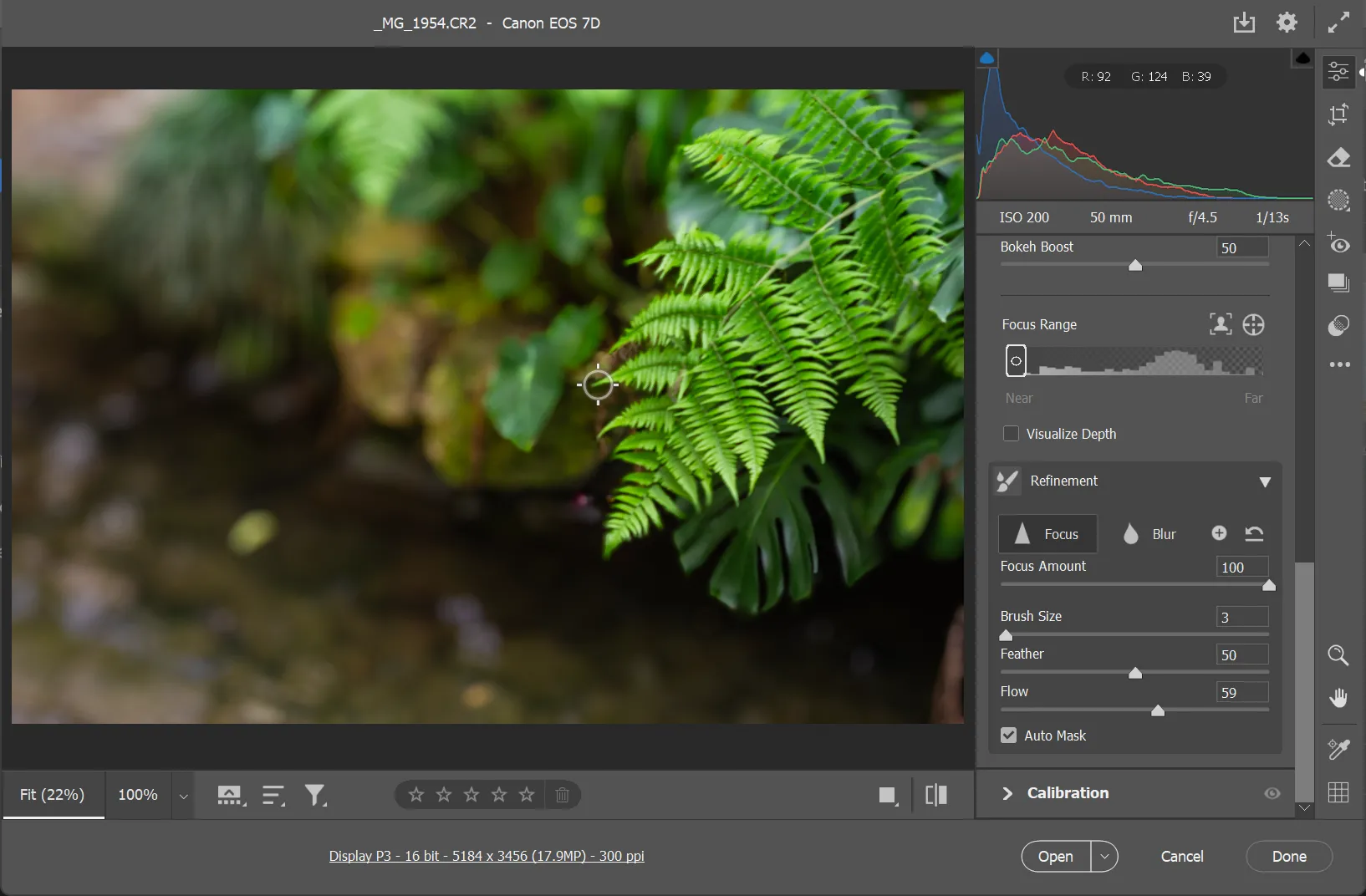 Hình ảnh trong Photoshop sau khi áp dụng Lens Blur, cho thấy hiệu ứng xóa phông và các công cụ Refinement brush để tinh chỉnh vùng lấy nét