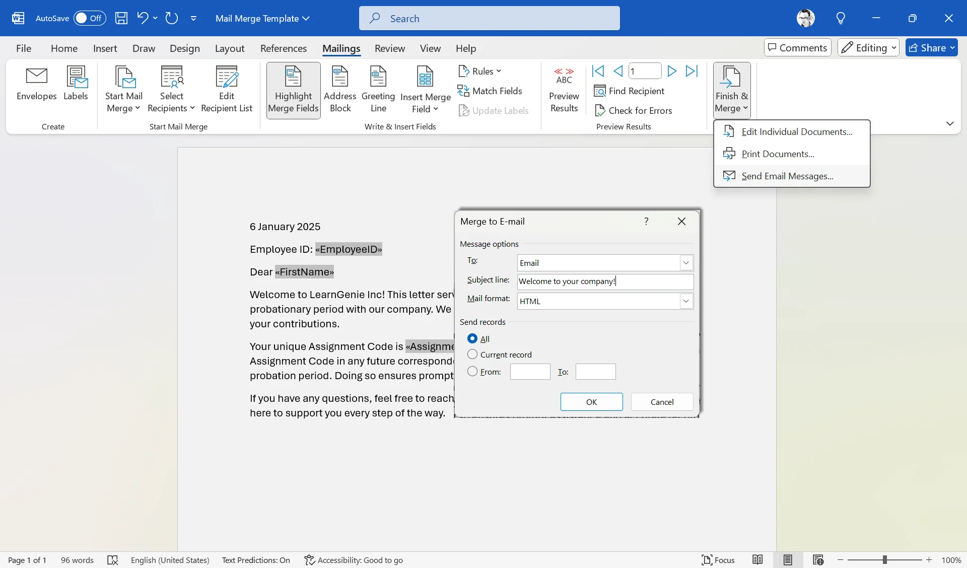 Hoàn tất quá trình trộn thư trong Word và gửi email qua Outlook